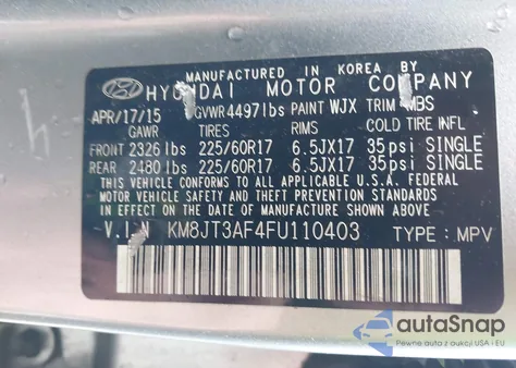 2015 Hyundai Tucson Gls z USA, uszkodzony, nr VIN KM8JT3AF4FU110403